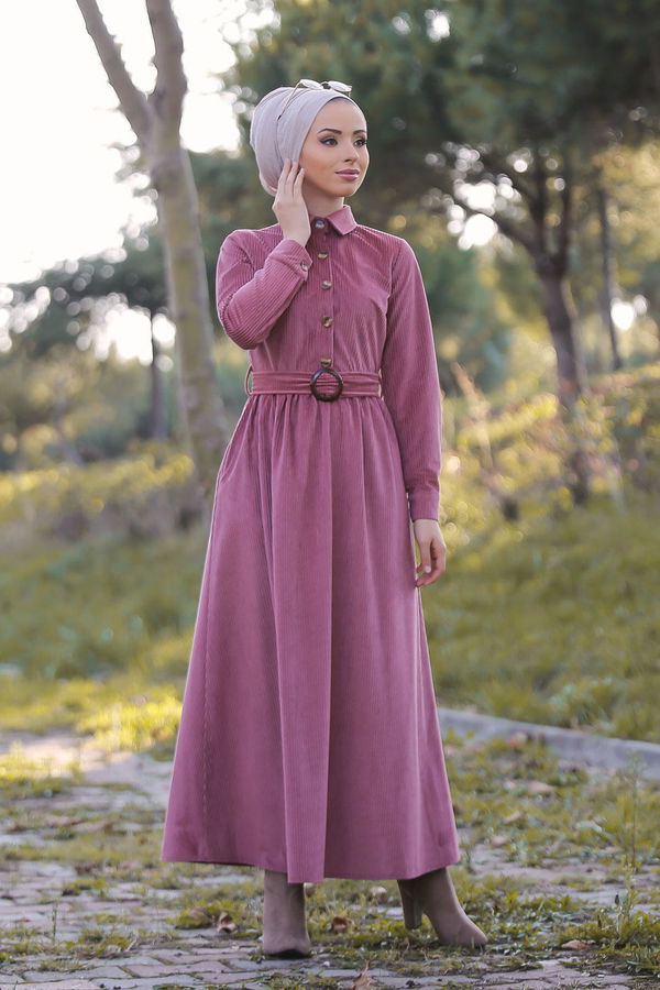Düz Orta Kadın Pembe Kadife Elbise Kemer Siyah  - 1319 PEMBE