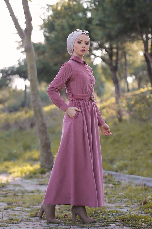 Düz Orta Kadın Pembe Kadife Elbise Kemer Siyah  - 1319 PEMBE
