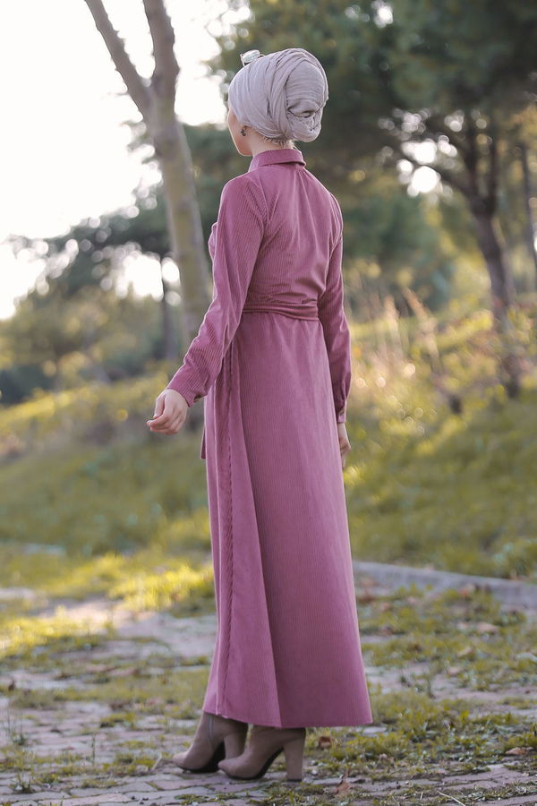 Düz Orta Kadın Pembe Kadife Elbise Kemer Siyah  - 1319 PEMBE