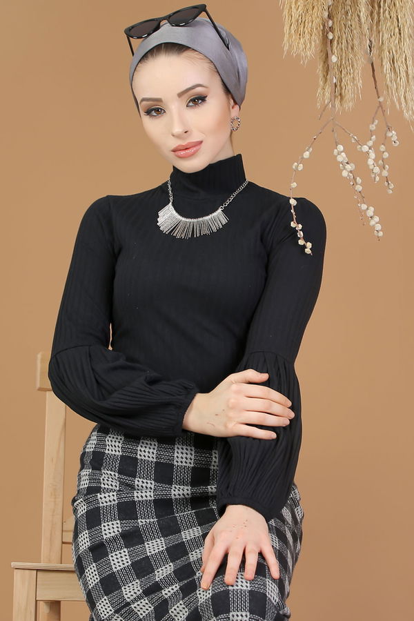 Düz Orta Kadın Siyah Bluz Etek Kombin D-2 Siyah Beyaz - 8194 - 8194 SİYAH
