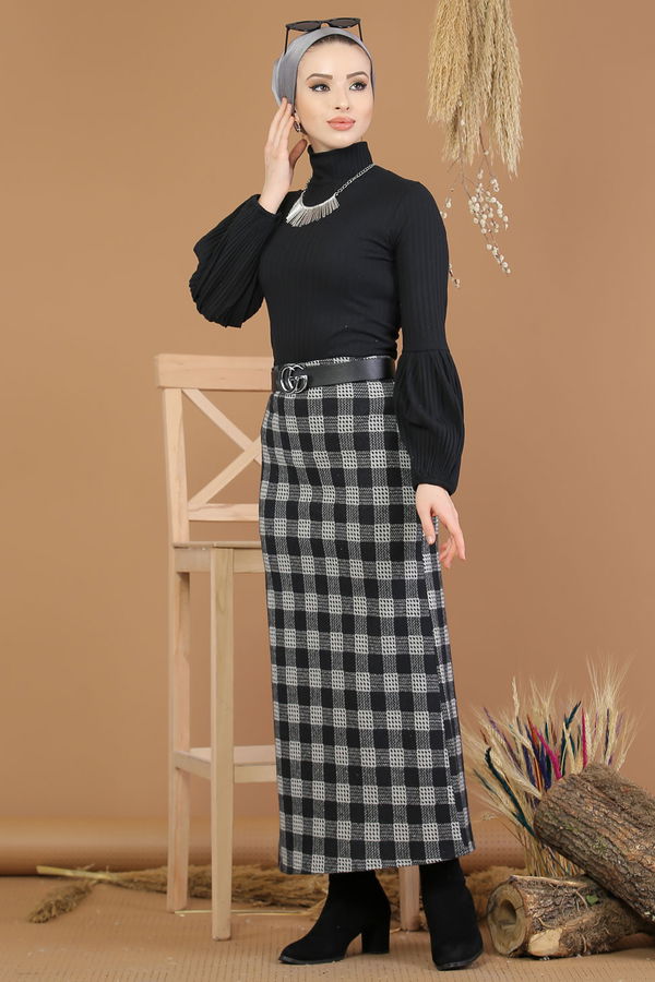 Düz Orta Kadın Siyah Bluz Etek Kombin D-2 Siyah Beyaz - 8194 - 8194 SİYAH