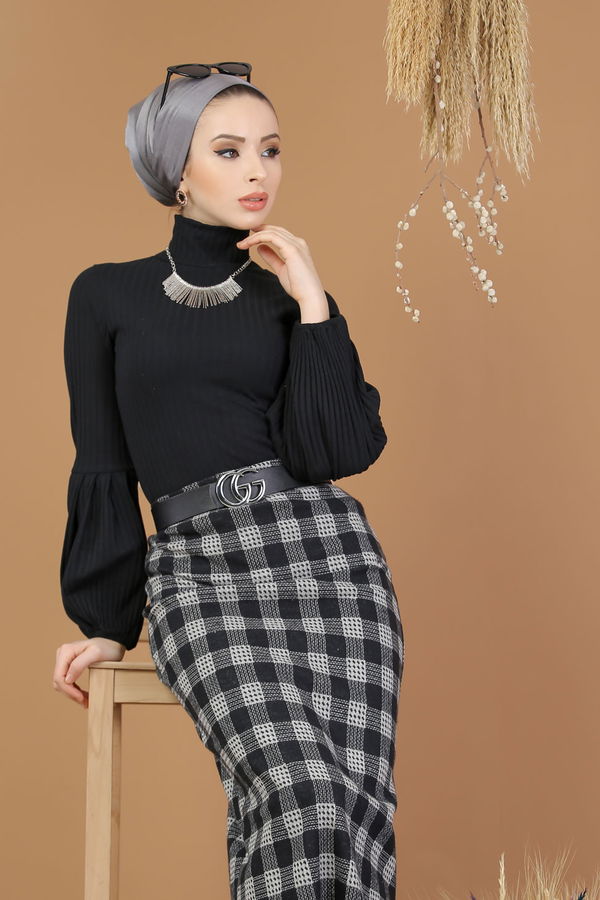Düz Orta Kadın Siyah Bluz Etek Kombin D-2 Siyah Beyaz - 8194 - 8194 SİYAH