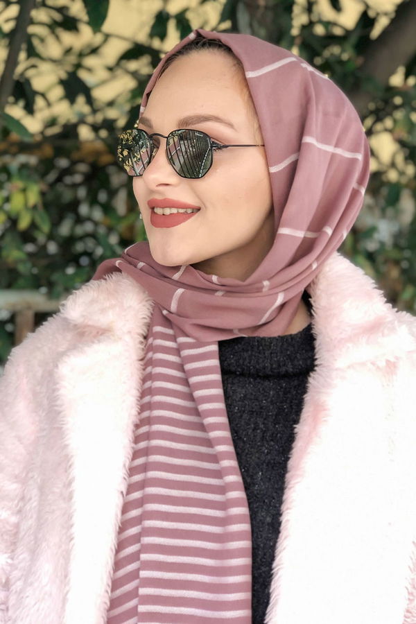 Düz Orta Kadın Pembe Çizgili Şal Siyah  - 8181 PEMBE