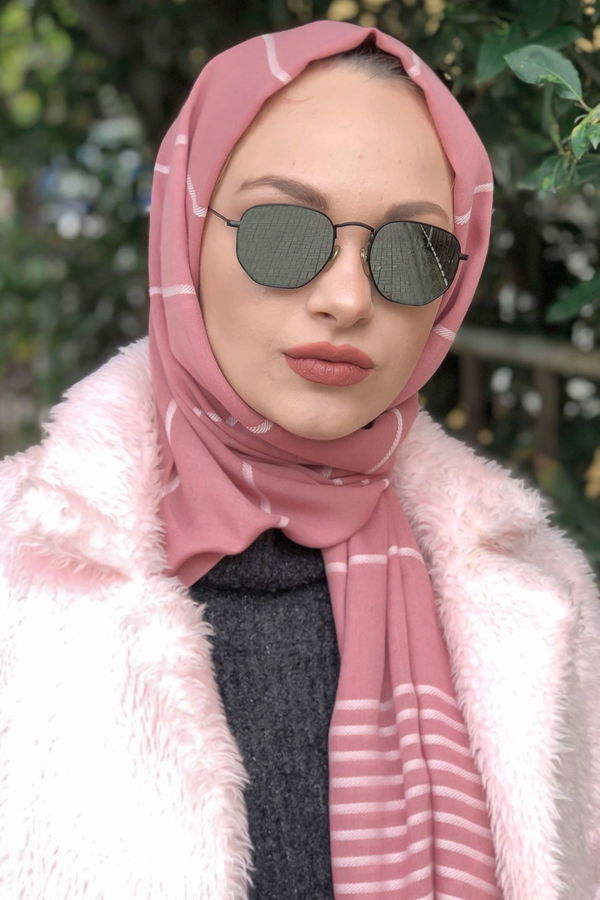 Düz Orta Kadın Pembe Çizgili Şal Siyah  - 8181 PEMBE