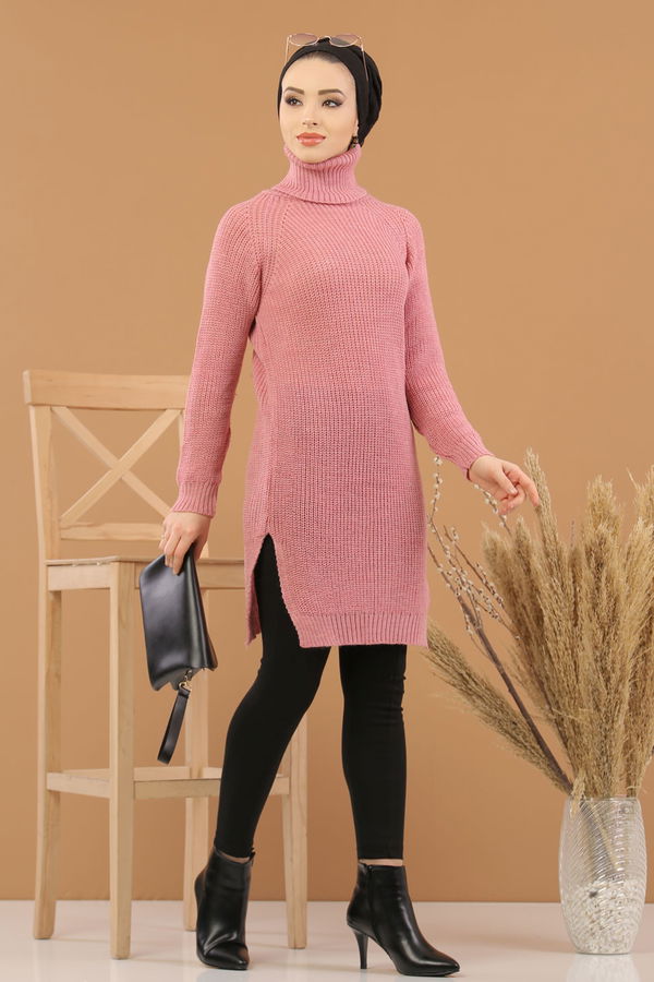 Düz Orta Kadın Pembe Triko Tunik Siyah  - 8144