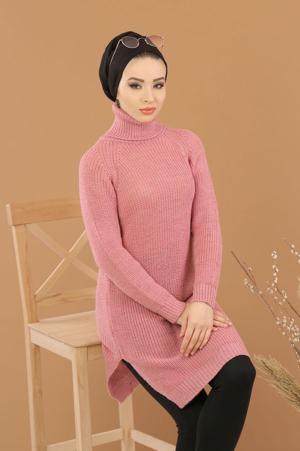 Düz Orta Kadın Pembe Triko Tunik Siyah  - 8144
