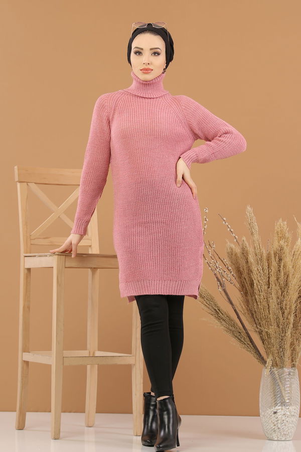 Düz Orta Kadın Pembe Triko Tunik Siyah  - 8144