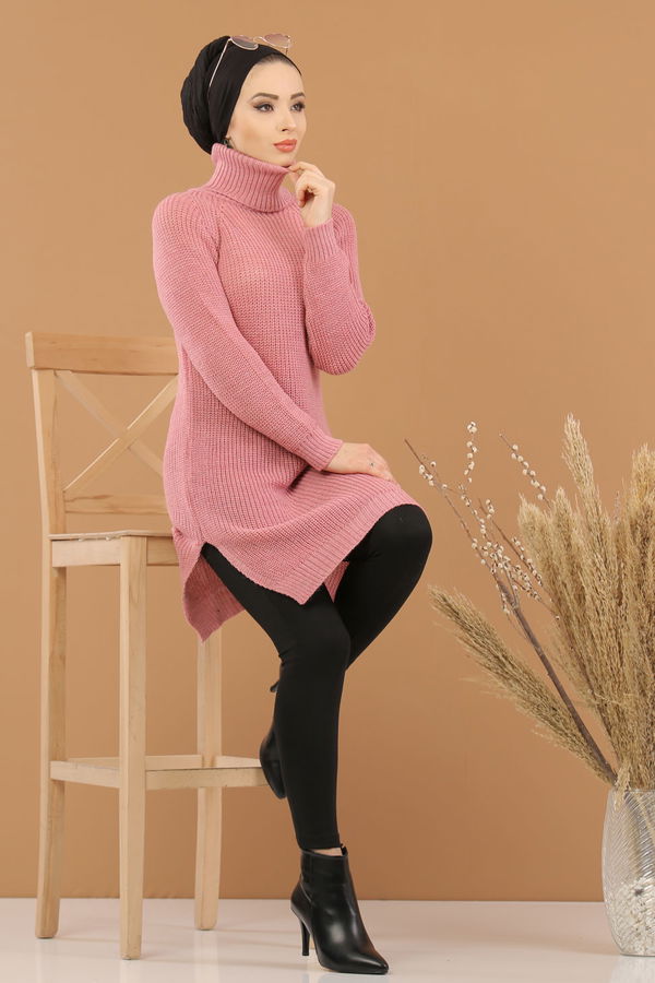 Düz Orta Kadın Pembe Triko Tunik Siyah  - 8144