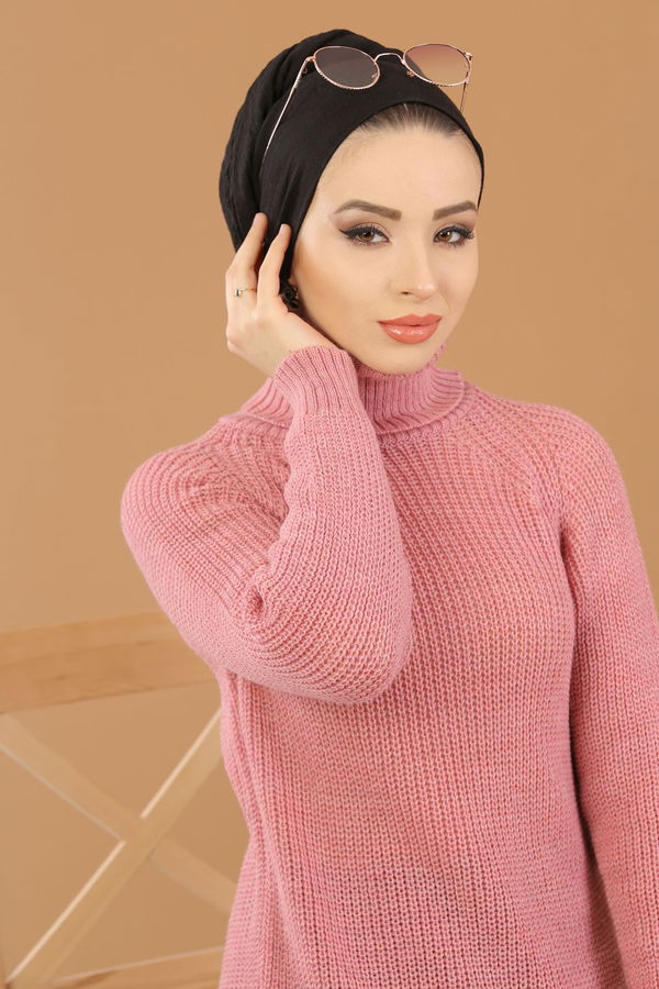 Düz Orta Kadın Pembe Triko Tunik Siyah  - 8144