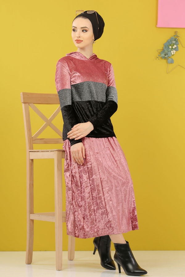 Düz Orta Kadın Pembe Simli Kadife Tunik Etek Haki  - 8246