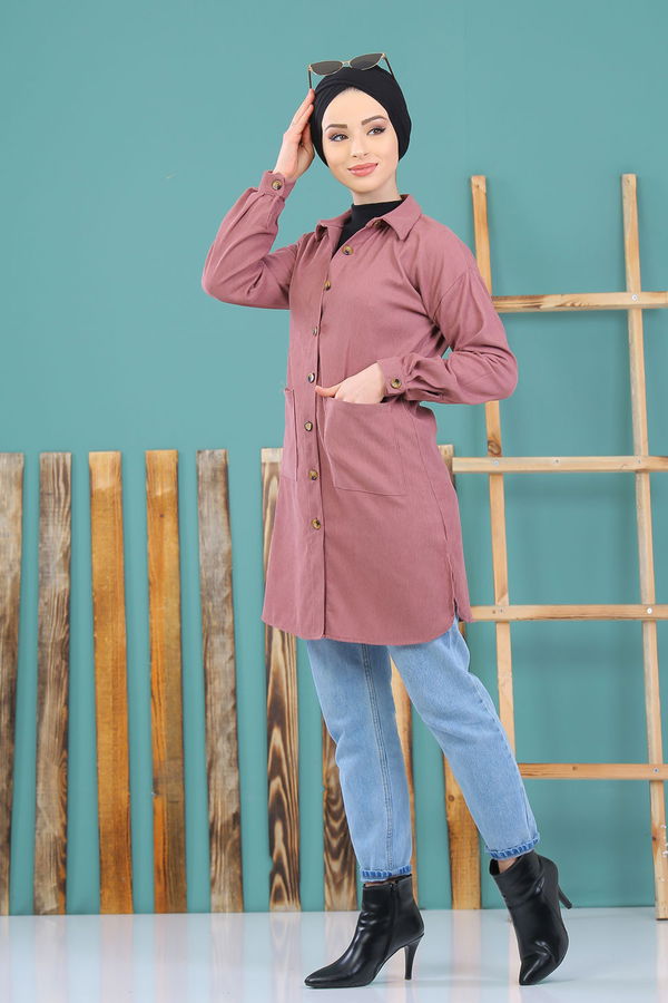 Düz Orta Kadın Pembe 8365 KADİFE TUNİK - 8365