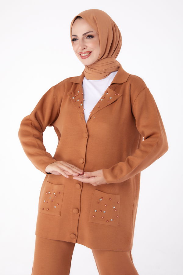 Düz Gömlek Yaka Kadın Taba Taşlı Triko Takım - 26300