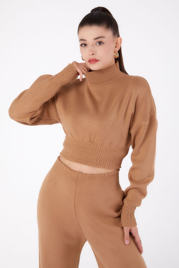Düz Yarım Balıkçı Yaka Kadın Taba Gipeli Triko İkili Takıım - 26285 TABA