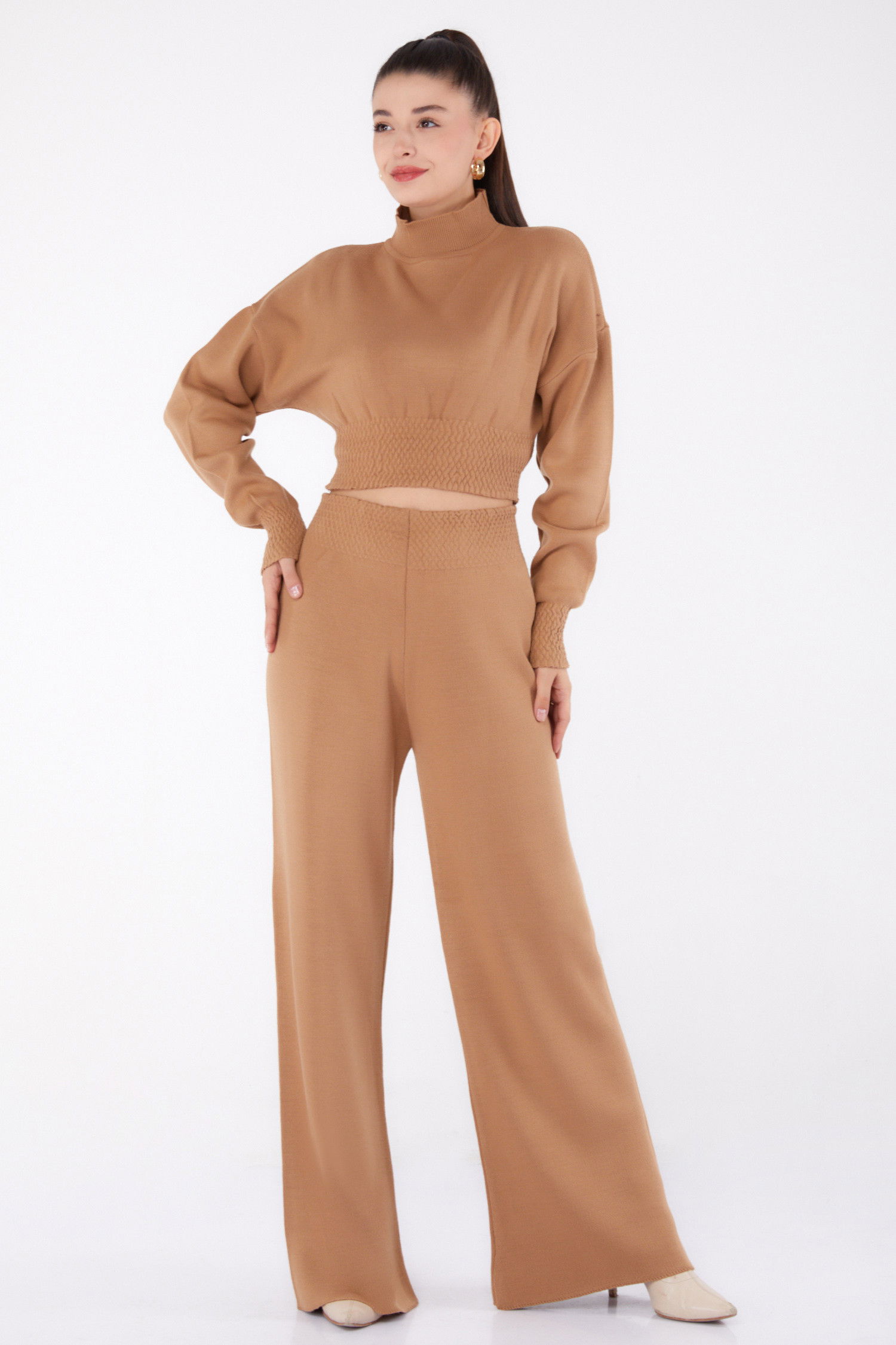 Düz Yarım Balıkçı Yaka Kadın Taba Gipeli Triko İkili Takıım - 26285 TABA