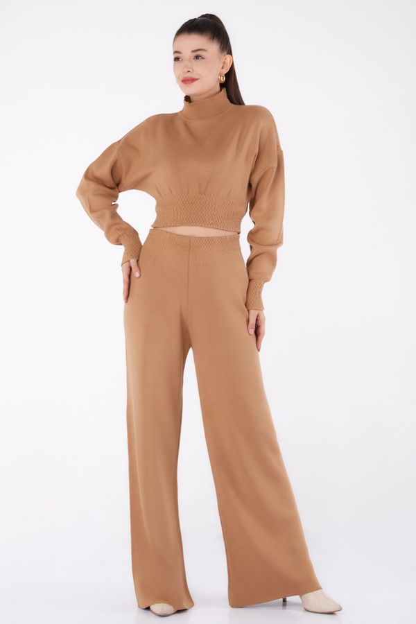 Düz Yarım Balıkçı Yaka Kadın Taba Gipeli Triko İkili Takıım - 26285 TABA