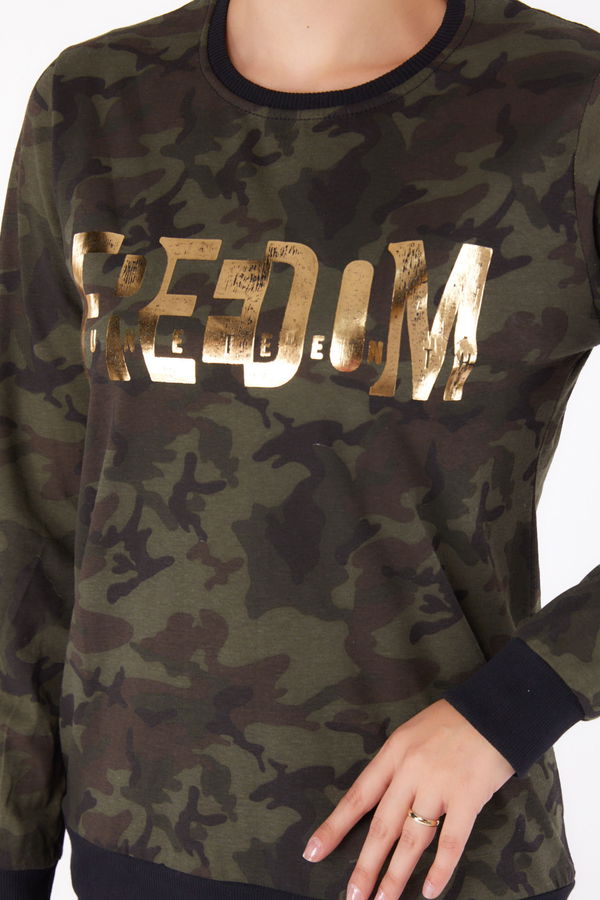 Düz Bisiklet Yaka Kadın Haki Baskılı Sweatshirt - 26294 HAKİ