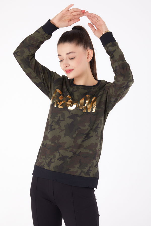 Düz Bisiklet Yaka Kadın Haki Baskılı Sweatshirt - 26294 HAKİ