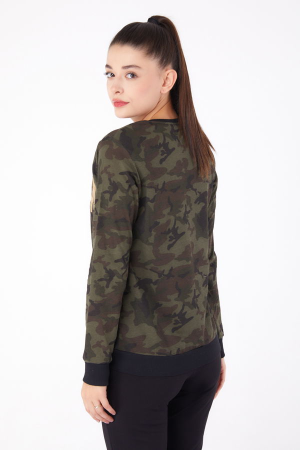Düz Bisiklet Yaka Kadın Haki Baskılı Sweatshirt - 26294 HAKİ