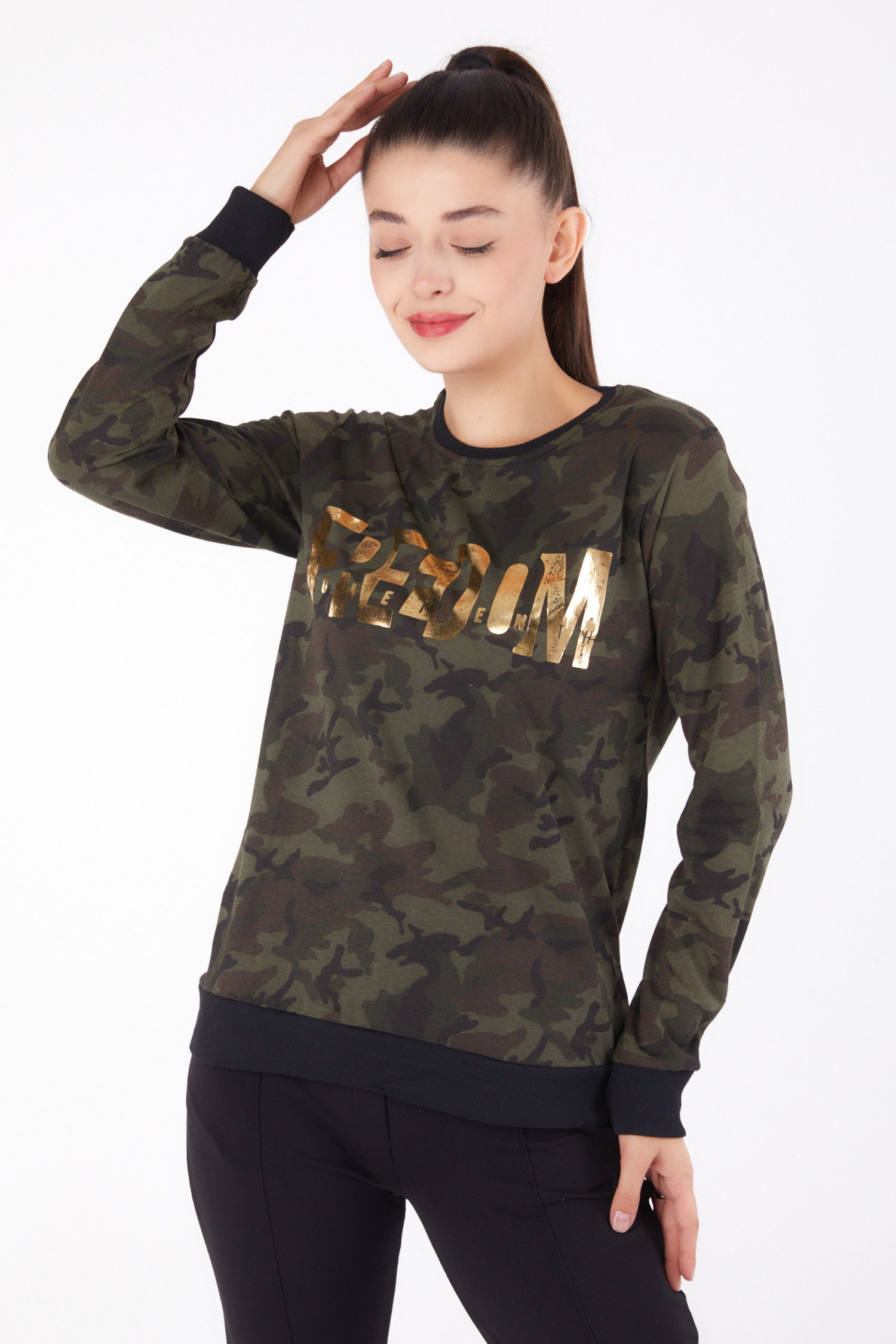 Düz Bisiklet Yaka Kadın Haki Baskılı Sweatshirt - 26294 HAKİ