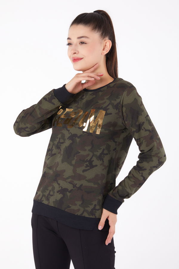 Düz Bisiklet Yaka Kadın Haki Baskılı Sweatshirt - 26294 HAKİ