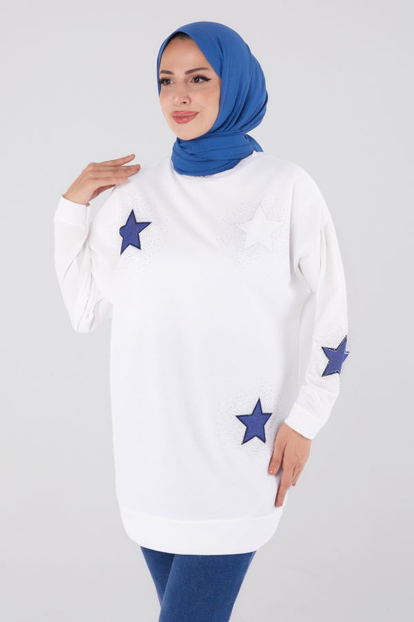 Düz Bisiklet Yaka Kadın Ekru Nakışlı Sweatshirt - 13297
