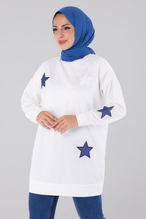 Düz Bisiklet Yaka Kadın Ekru Nakışlı Sweatshirt - 13297