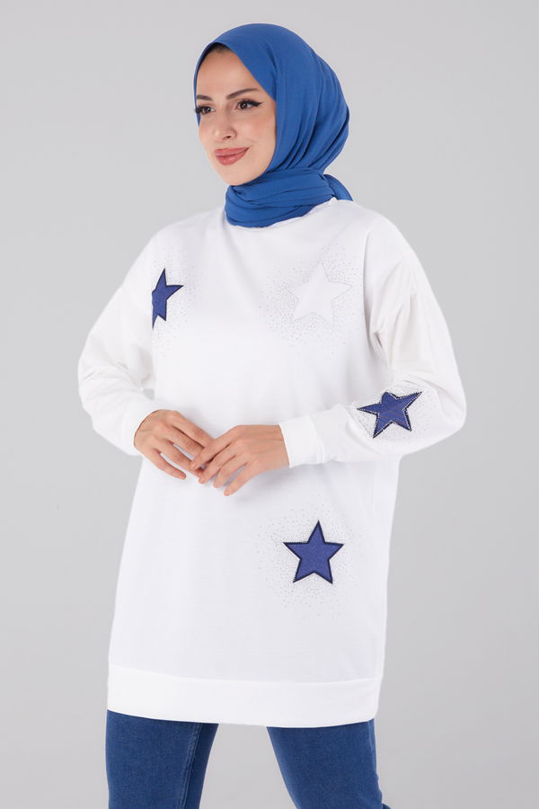 Düz Bisiklet Yaka Kadın Ekru Nakışlı Sweatshirt - 13297