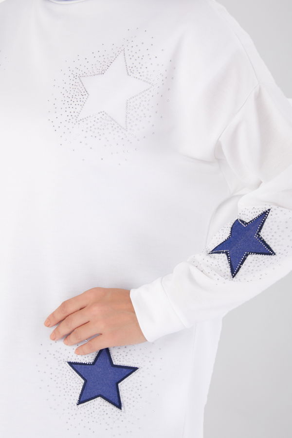 Düz Bisiklet Yaka Kadın Ekru Nakışlı Sweatshirt - 13297