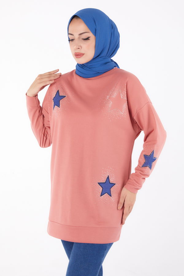 Düz Bisiklet Yaka Kadın Pembe Nakışlı Sweatshirt - 13297 PEMBE