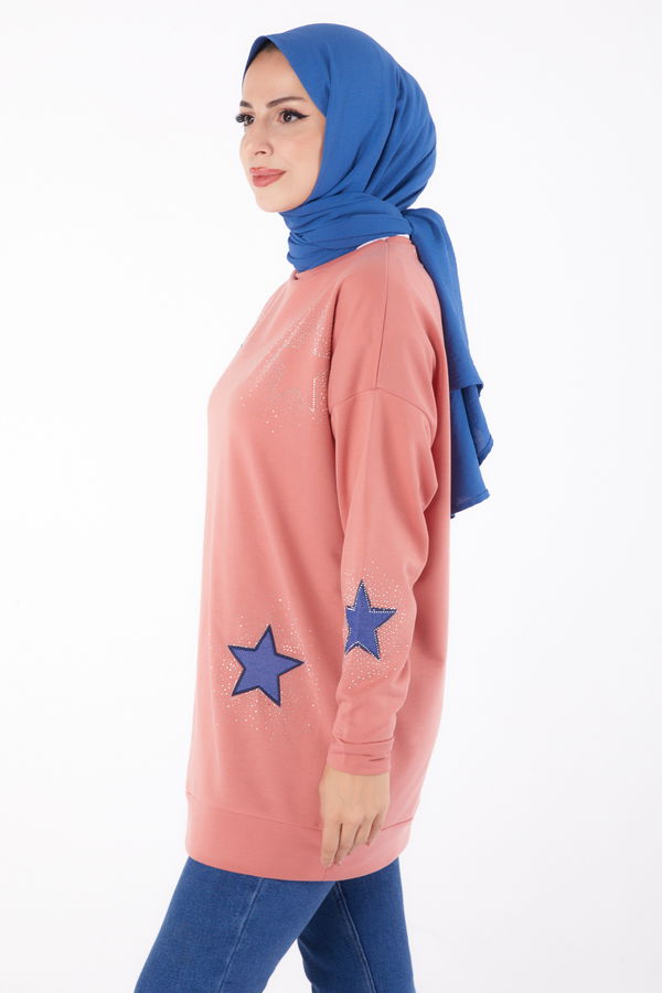 Düz Bisiklet Yaka Kadın Pembe Nakışlı Sweatshirt - 13297 PEMBE