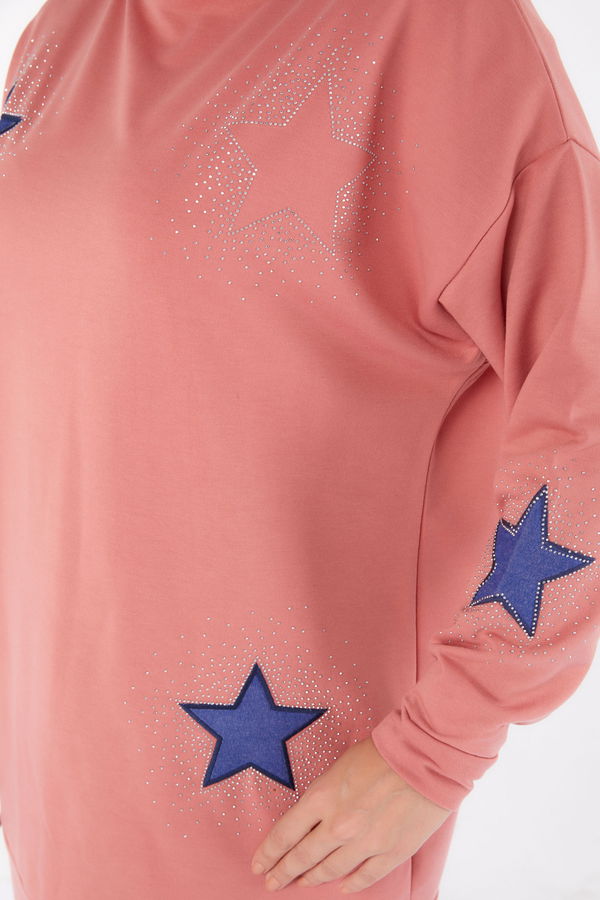 Düz Bisiklet Yaka Kadın Pembe Nakışlı Sweatshirt - 13297 PEMBE