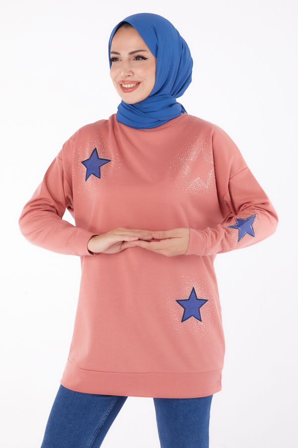 Düz Bisiklet Yaka Kadın Pembe Nakışlı Sweatshirt - 13297 PEMBE