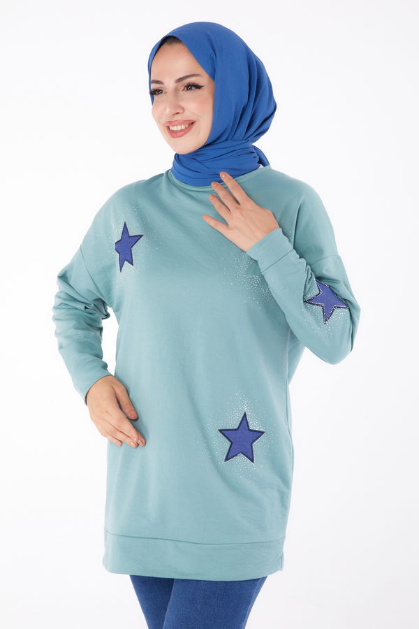 Düz Bisiklet Yaka Kadın Yeşil Nakışlı Sweatshirt - 13297
