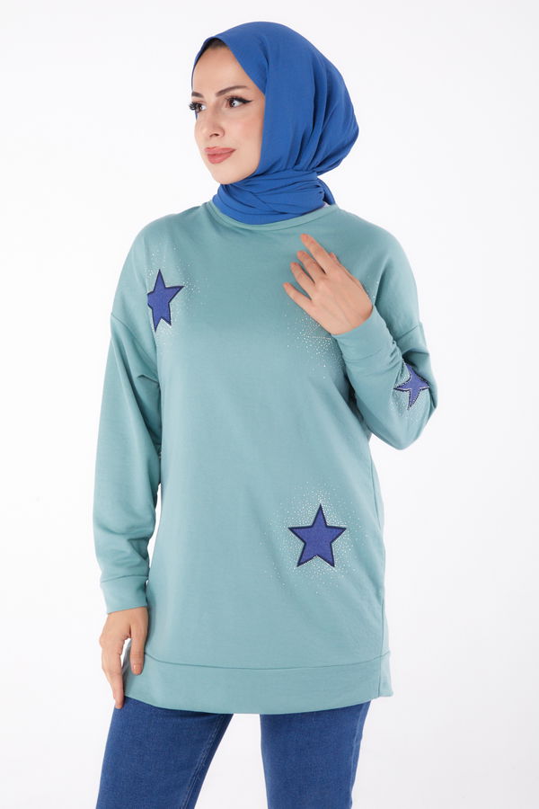 Düz Bisiklet Yaka Kadın Yeşil Nakışlı Sweatshirt - 13297