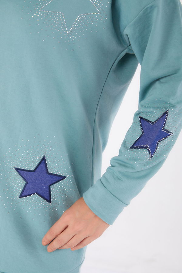 Düz Bisiklet Yaka Kadın Yeşil Nakışlı Sweatshirt - 13297