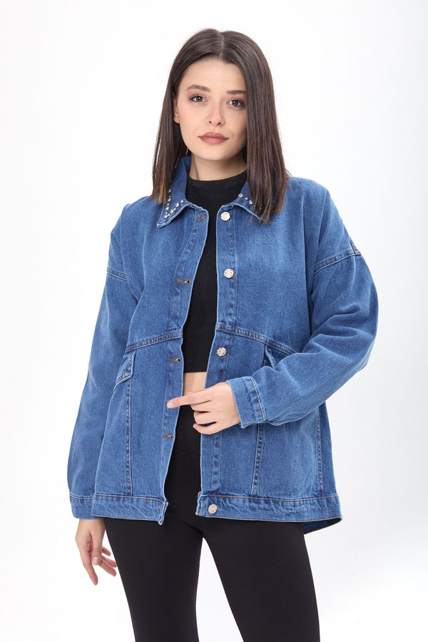 Yakası Taş Detaylı Kot Ceket Mavi - 23622 MAVİ