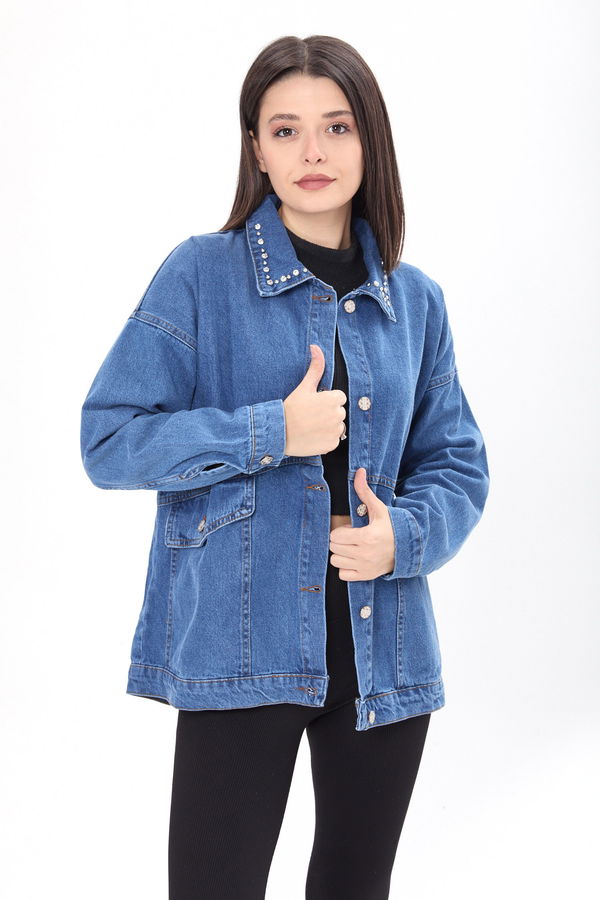 Yakası Taş Detaylı Kot Ceket Mavi - 23622 MAVİ