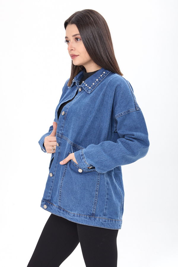 Yakası Taş Detaylı Kot Ceket Mavi - 23622 MAVİ