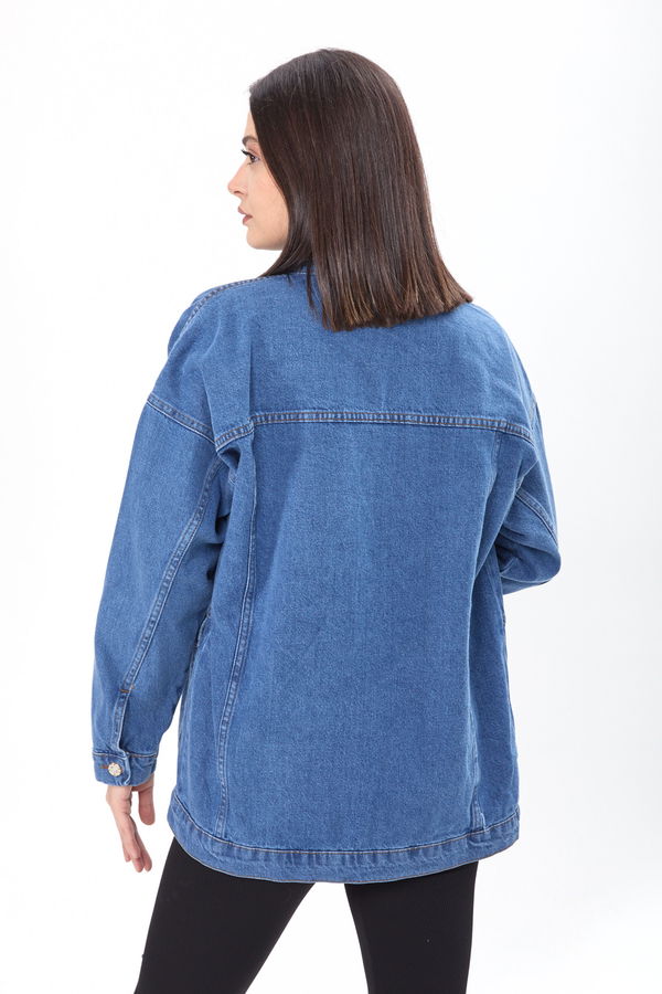 Yakası Taş Detaylı Kot Ceket Mavi - 23622 MAVİ