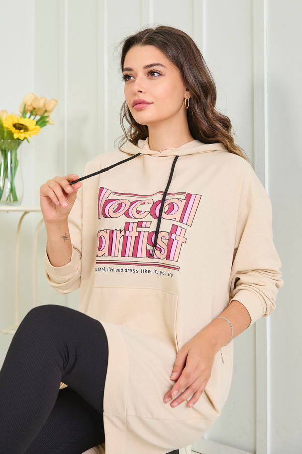 Kapşonlu Sweat Bej - 23015