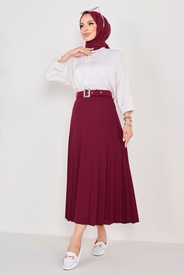 Kemerli Etek Bordo - 23026