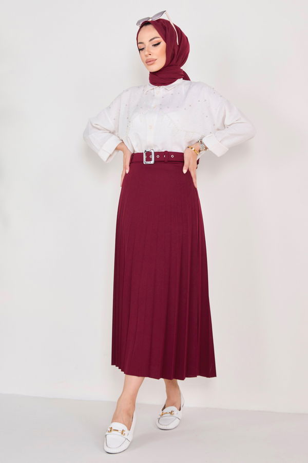 Kemerli Etek Bordo - 23026