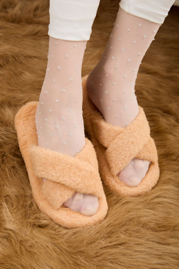 Kadın Sarı Peluş Çapraz Ev Terliği - 23323 Sarı