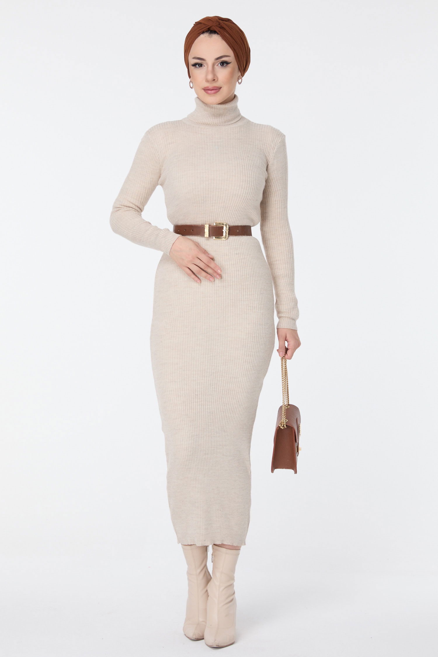 Triko Elbise Bej - 23638