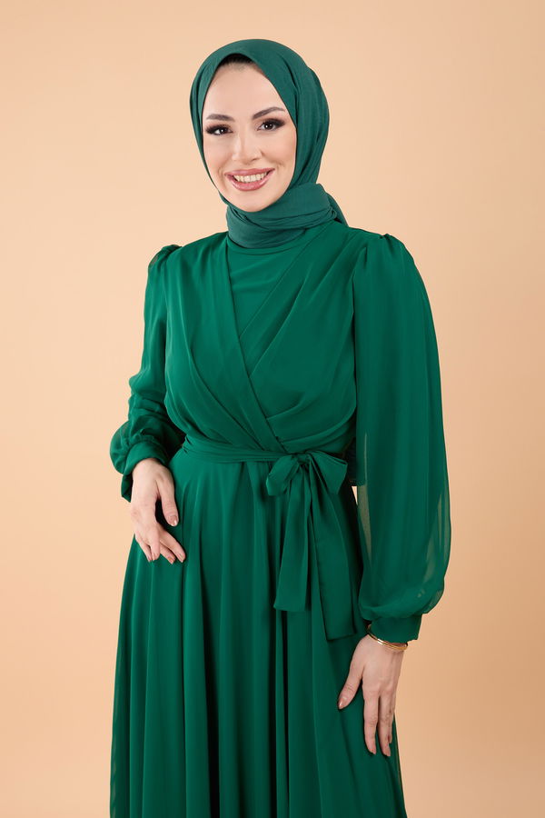 Kruvaze Yaka Kuşaklı Abiye Elbise Yeşil - 23864 YEŞİL