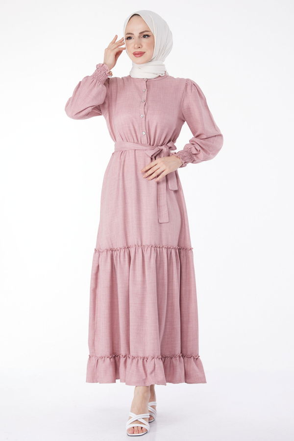 Düğmeli Kuşaklı Elbise Pembe - 24959