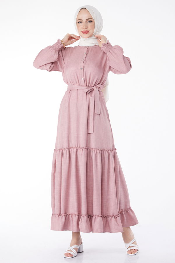 Düğmeli Kuşaklı Elbise Pembe - 24959