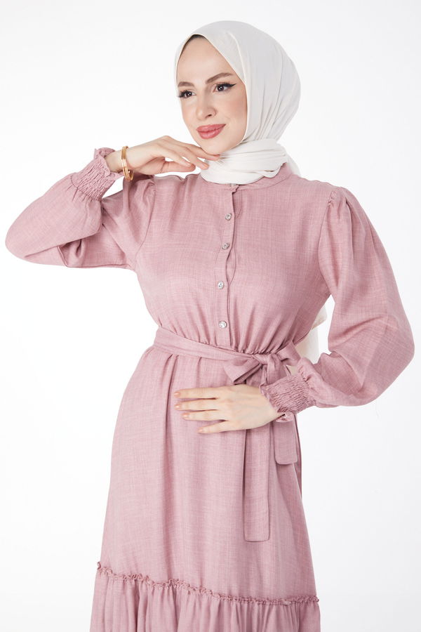 Düğmeli Kuşaklı Elbise Pembe - 24959