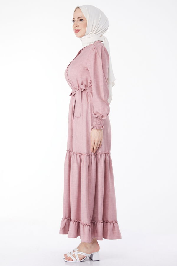 Düğmeli Kuşaklı Elbise Pembe - 24959