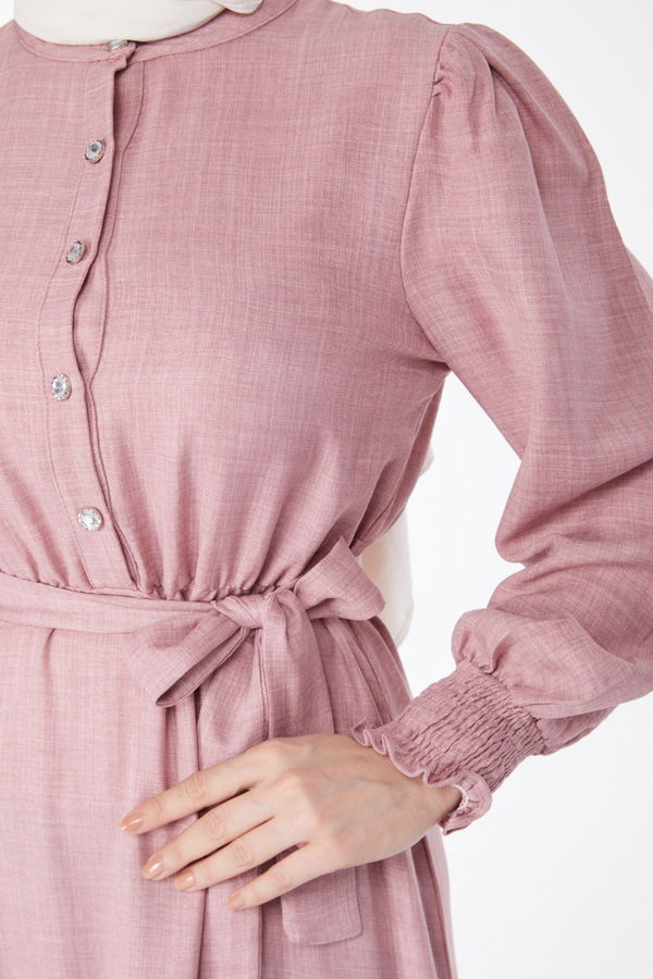 Düğmeli Kuşaklı Elbise Pembe - 24959